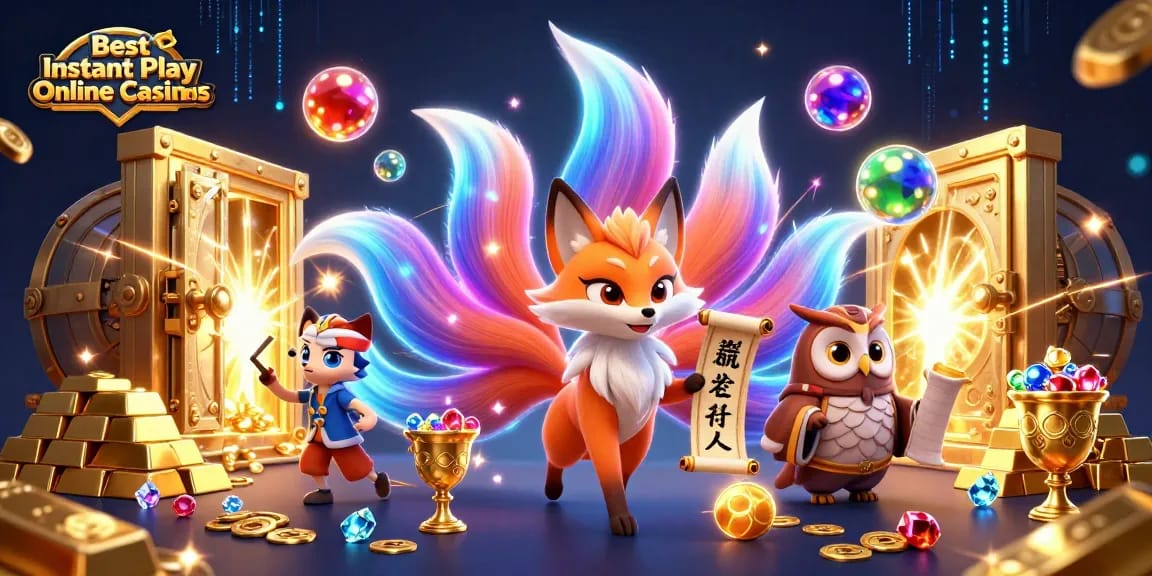 Experience the excitement of the Best Instant Play Online Casinos with animated characters exploring a treasure-filled scene.