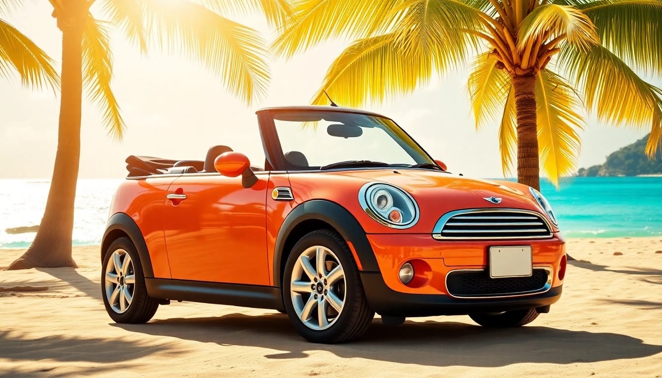 Rent Mini Cooper St Barths against a picturesque beach backdrop, showcasing tropical vibes.