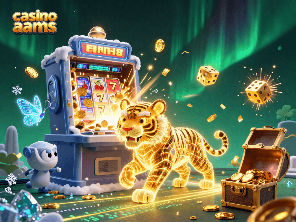 Immagine di un casino non aams con un tigre d'oro digitale circondato da simboli di vittoria e macchine da gioco