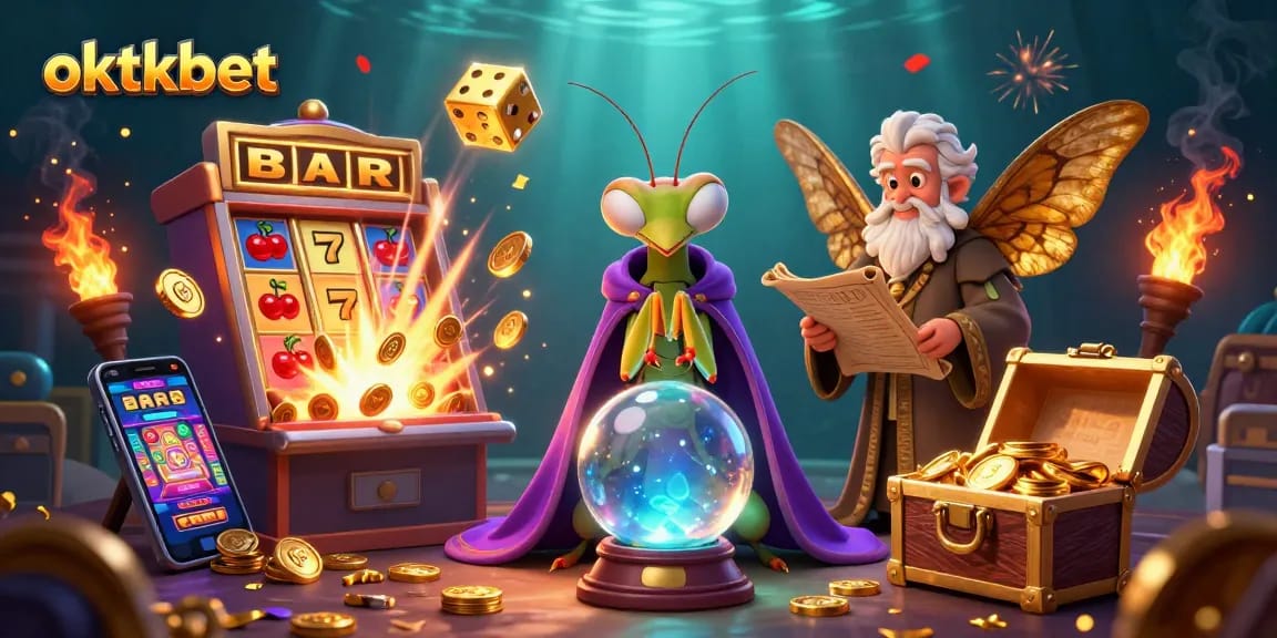 Engaging scene at oktkbet features a fortune teller and moth librarian in a vibrant casino setting.