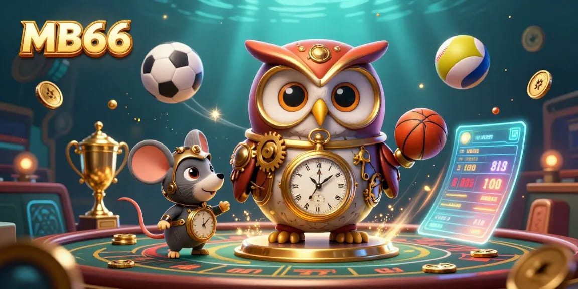 MB66 sports betting illustration with a steampunk owl and dynamic action elements.