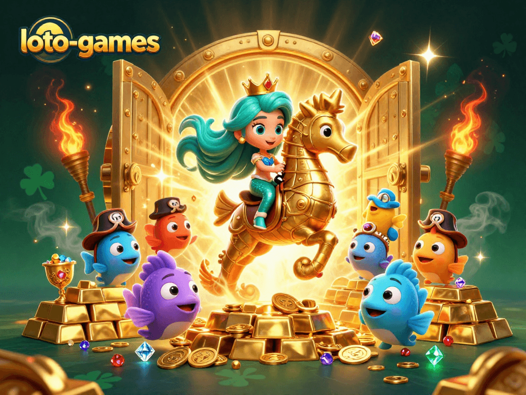 Experience the excitement of loto-games with a vibrant 3D casino scene featuring treasures and characters.