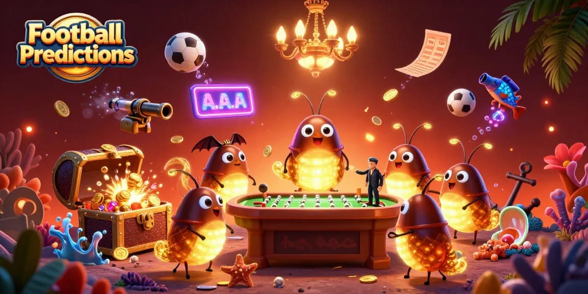 Bet on Football Predictions with a vibrant 3D casino scene filled with glowworms and treasures.
