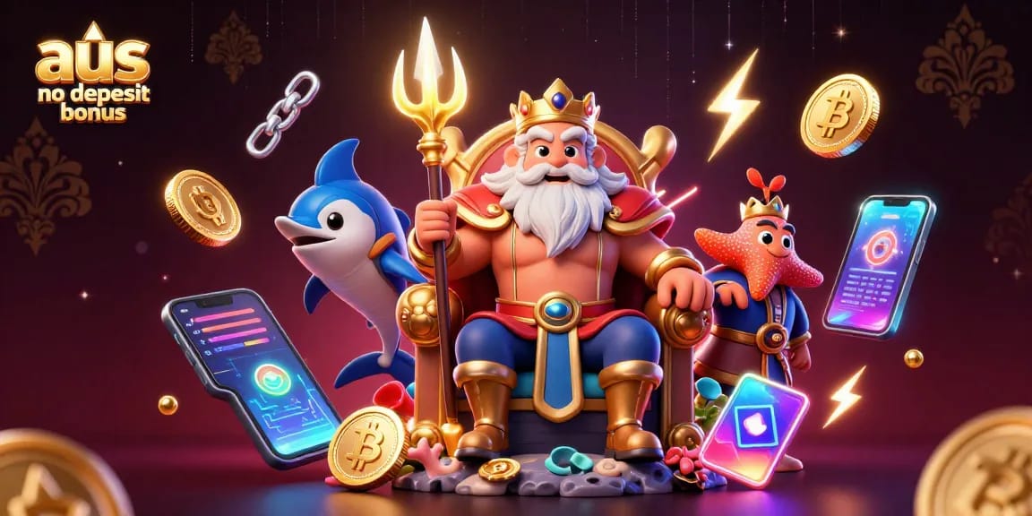 Stunning 3D scene showcasing the aus no deposit bonus with Neptune, crypto coins, and vibrant casino elements.