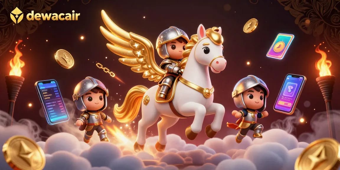 Dewacair offers thrilling slot experiences with a magical horse and knight in a dynamic casino scene