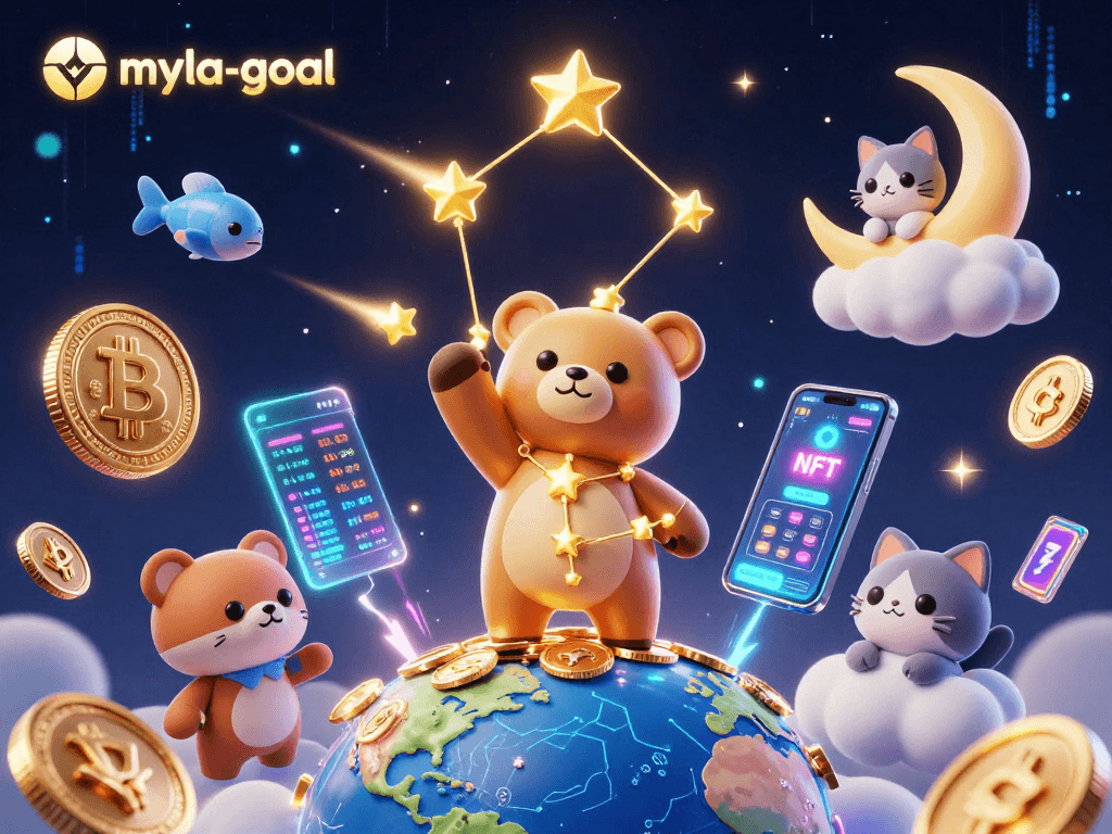 Experience the thrill of myla-goal as a constellation bear scoops coins amidst a vibrant crypto casino.