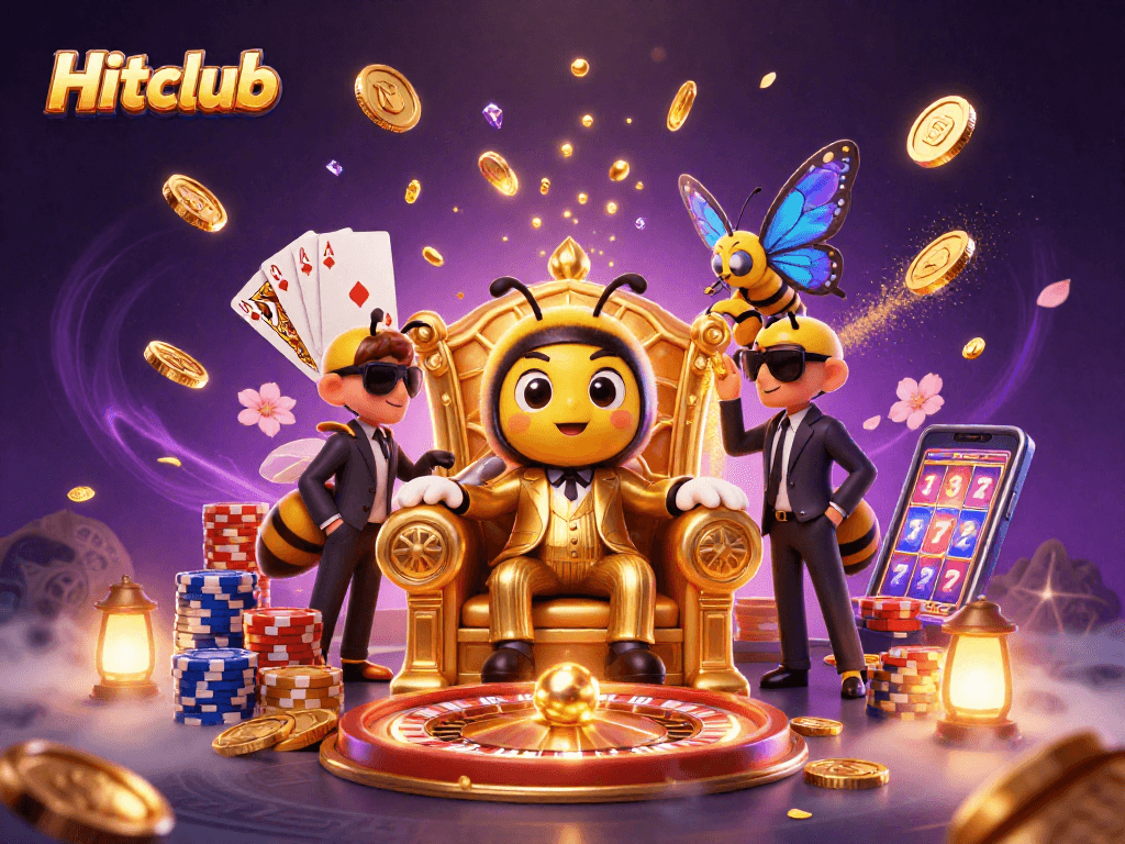 Hitclub showcases vibrant casino action with a cartoon bumblebee mob boss and magical elements.