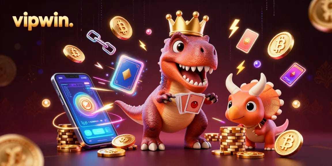 Engage in thrilling card games at vipwin. with vibrant dinosaurs and golden chips.