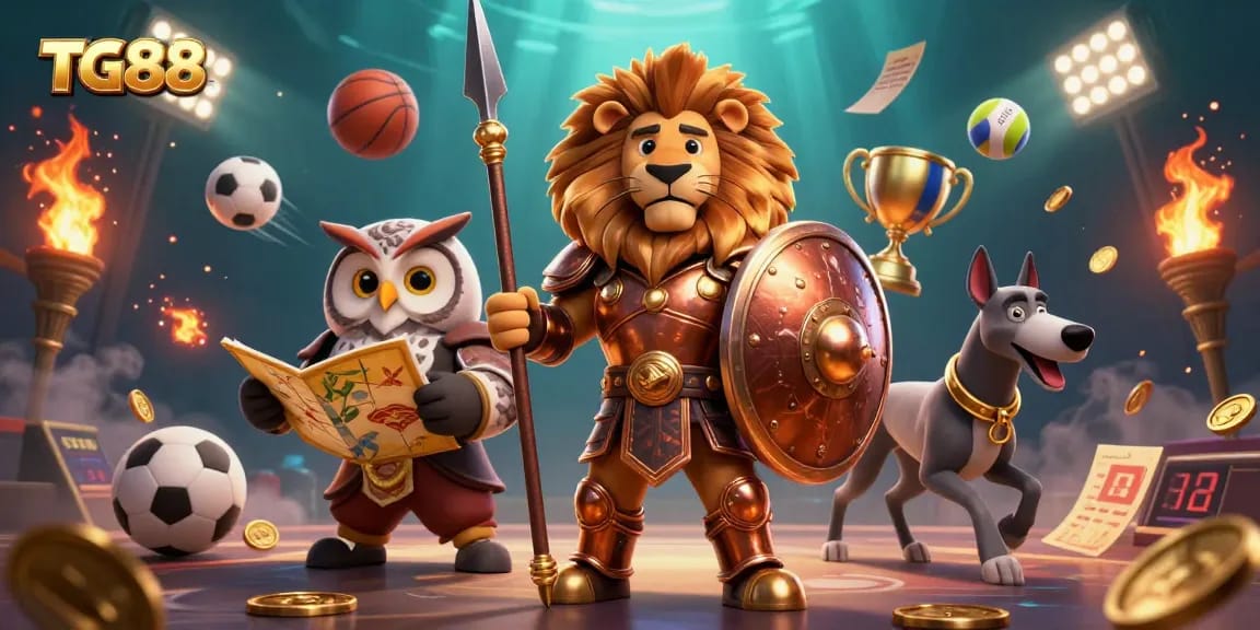 Experience the excitement of TG88 with a dynamic 3D casino scene showcasing betting and sports elements.