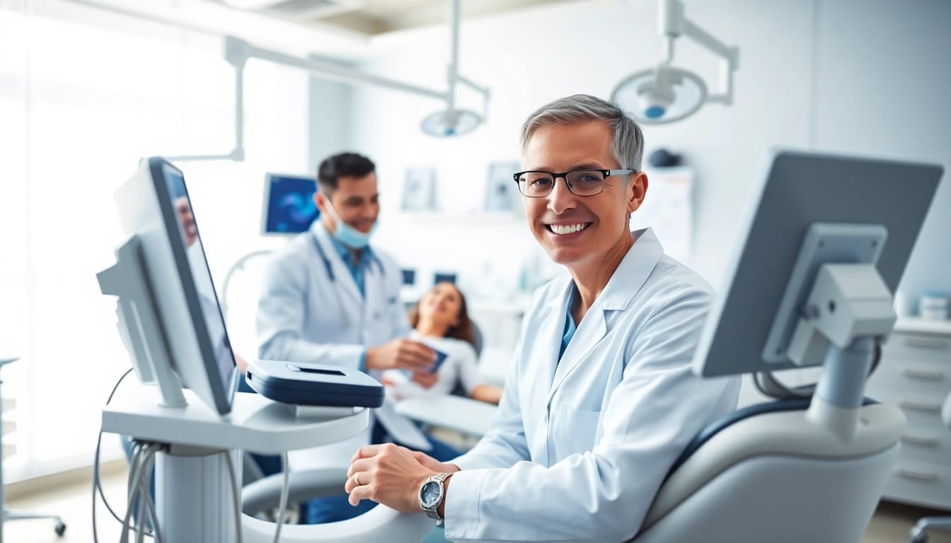 Engaged orthodontist showcasing level orthodontics techniques in a modern dental clinic.