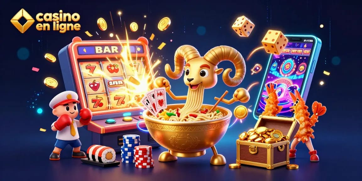Illustration dynamique et colorée d'une scène de casino en ligne avec un bol de ramen géant et des éléments de jeu.