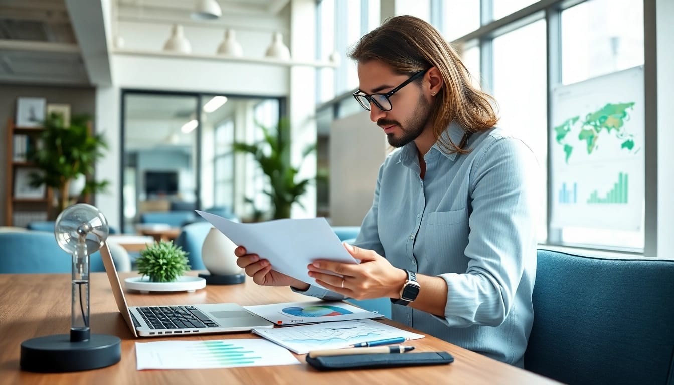 Carbonxgen consultant analyzing energy data in a bright modern office environment.