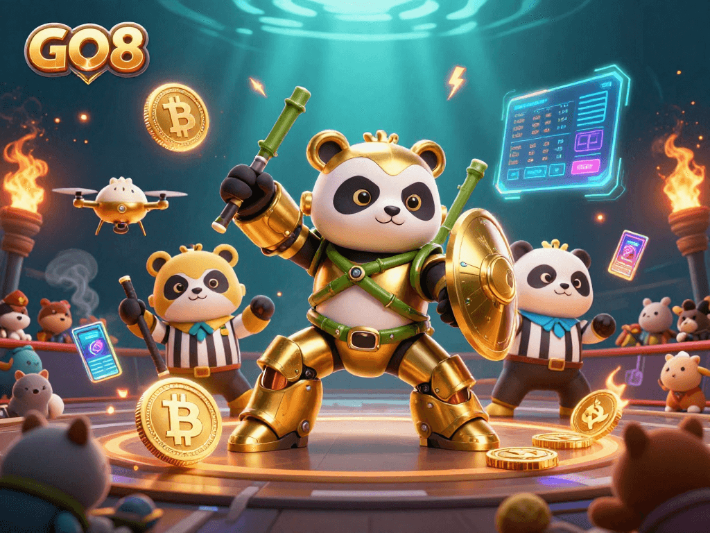 Win big with GO8 in a vibrant 3D casino scene featuring a golden panda and blockchain elements.