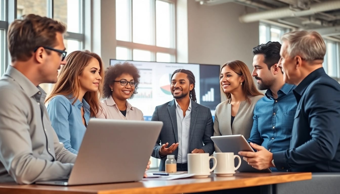 Engaging HR team at https://bestofhr.com/ discussing innovative strategies in a modern office setting.