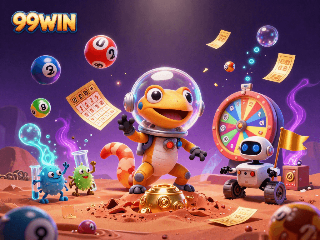 99WIN Martian gecko discovers a golden casino with vibrant lottery elements and dynamic visuals.