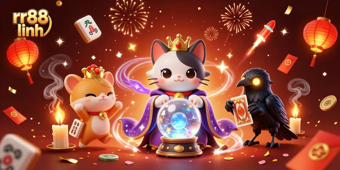 rr88 linh offers an enchanting gaming experience with a mystical cat and tarot raven in a rich casino scene.
