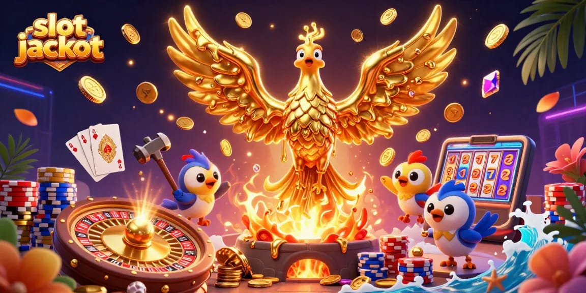 Experience thrilling slot jackpot opportunities with a golden phoenix and casino elements in a vibrant digital illustration.