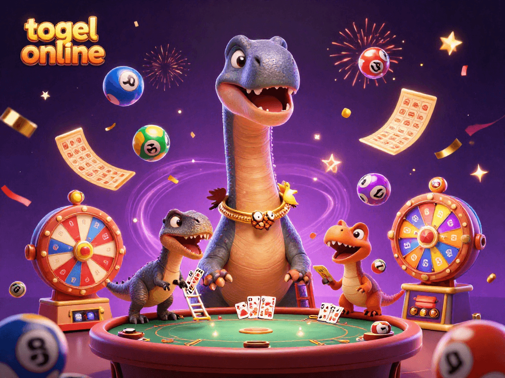 Engage in exciting togel online with a lively scene including a cartoon brontosaurus and raptor dealer.