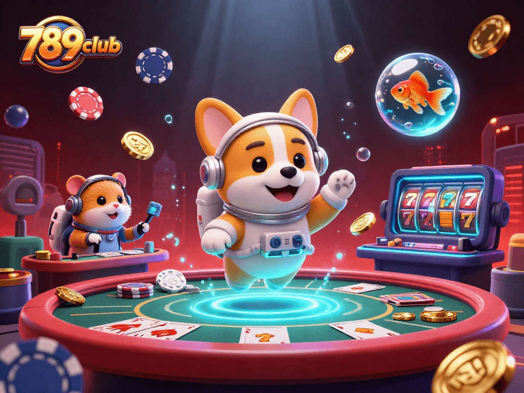 Experience thrilling games at 789club with floating poker tables and vibrant casino elements.
