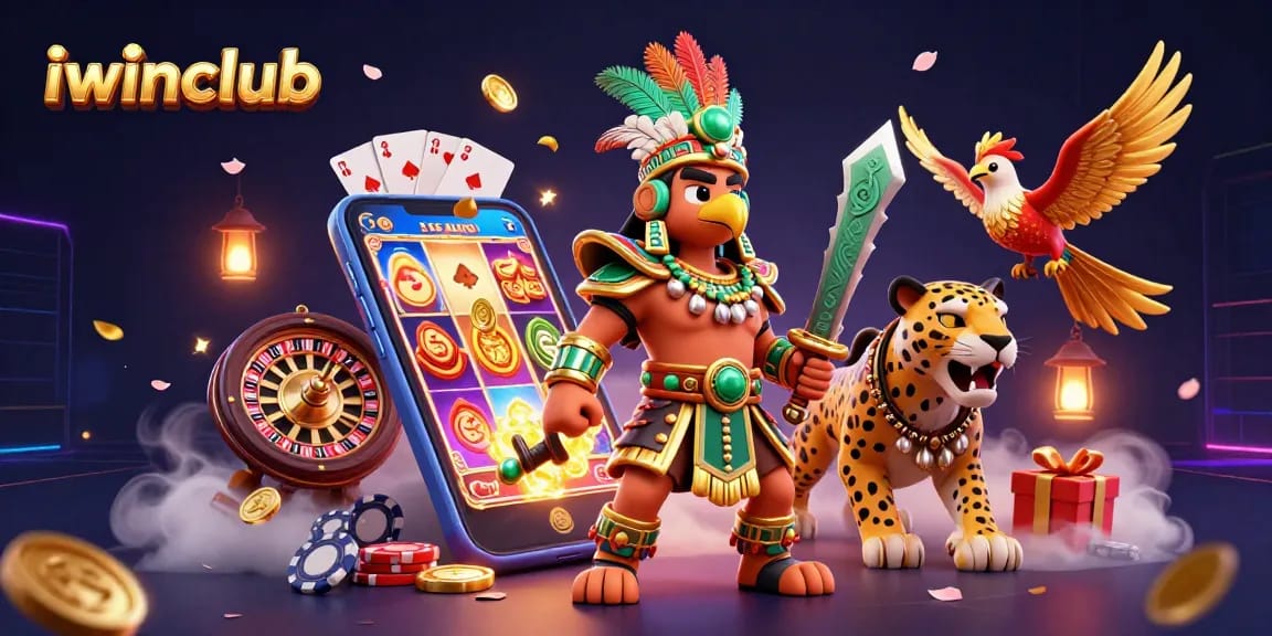 Experience thrilling gameplay with iwinclub's vibrant slot games in an action-packed casino illustration.