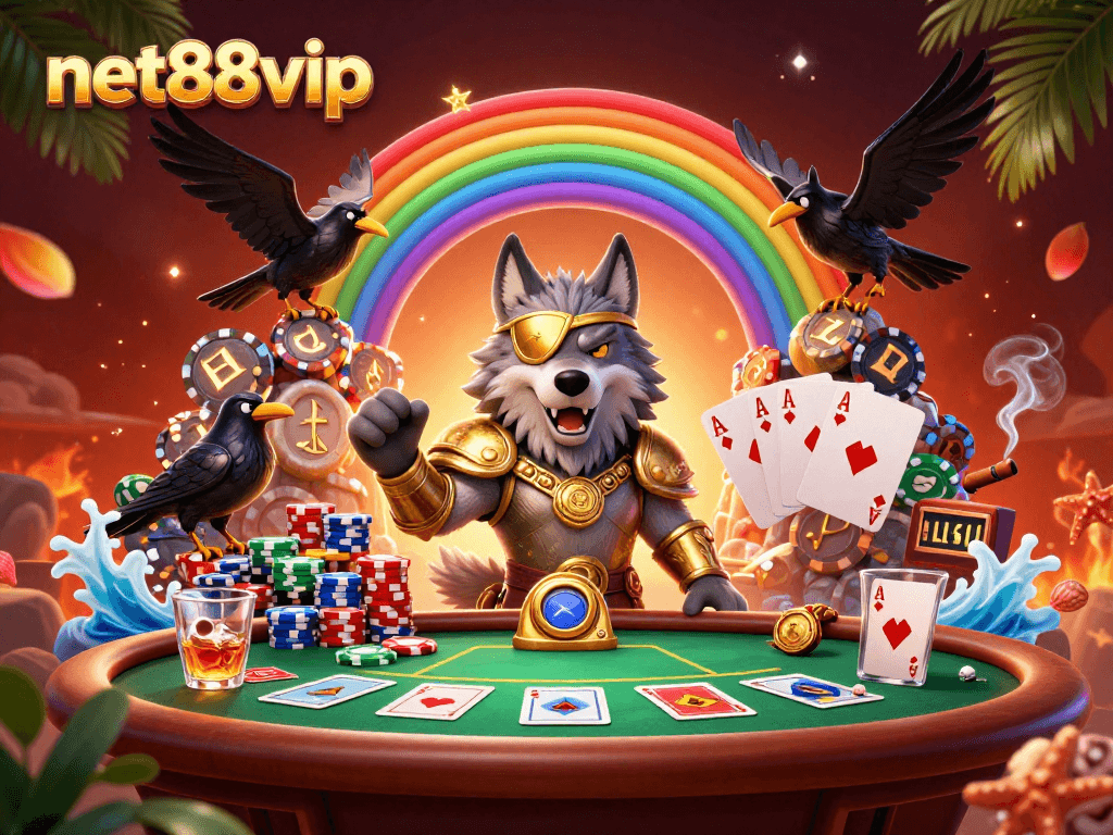 Engage in thrilling gameplay with net88vip surrounded by vibrant casino-themed illustrations.