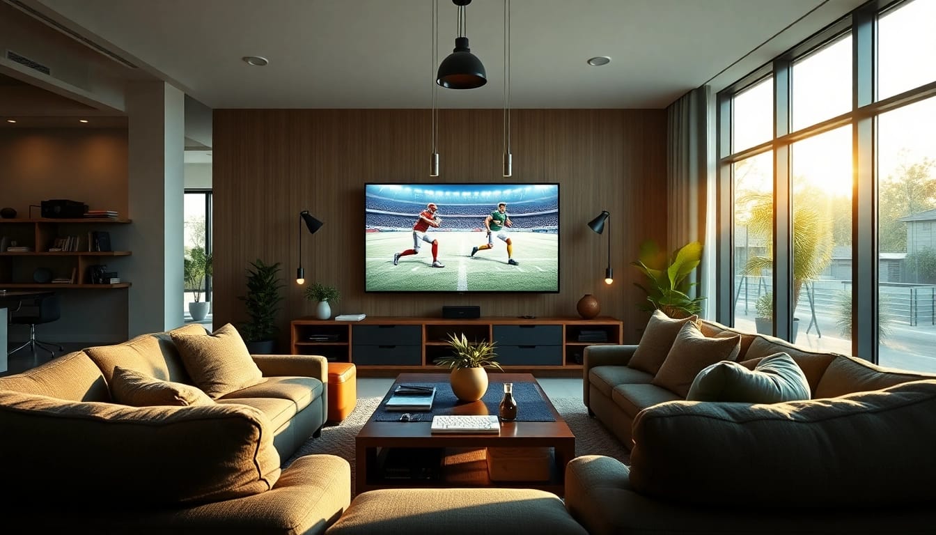 Nonton bola dengan suasana yang menyenangkan, menampilkan ruangan modern dan layar besar.