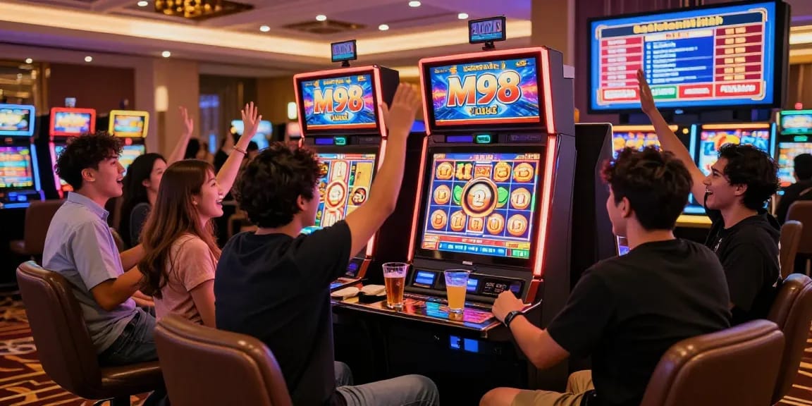 M98 สล๊อตเว็บตรง digital slot machine with friends celebrating a jackpot win in a vibrant casino atmosphere.