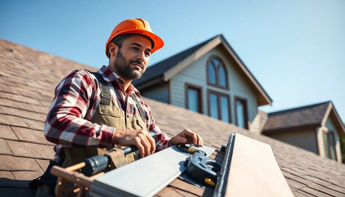 Expert roofing contractor in Solon assessing a residential roof with quality materials.