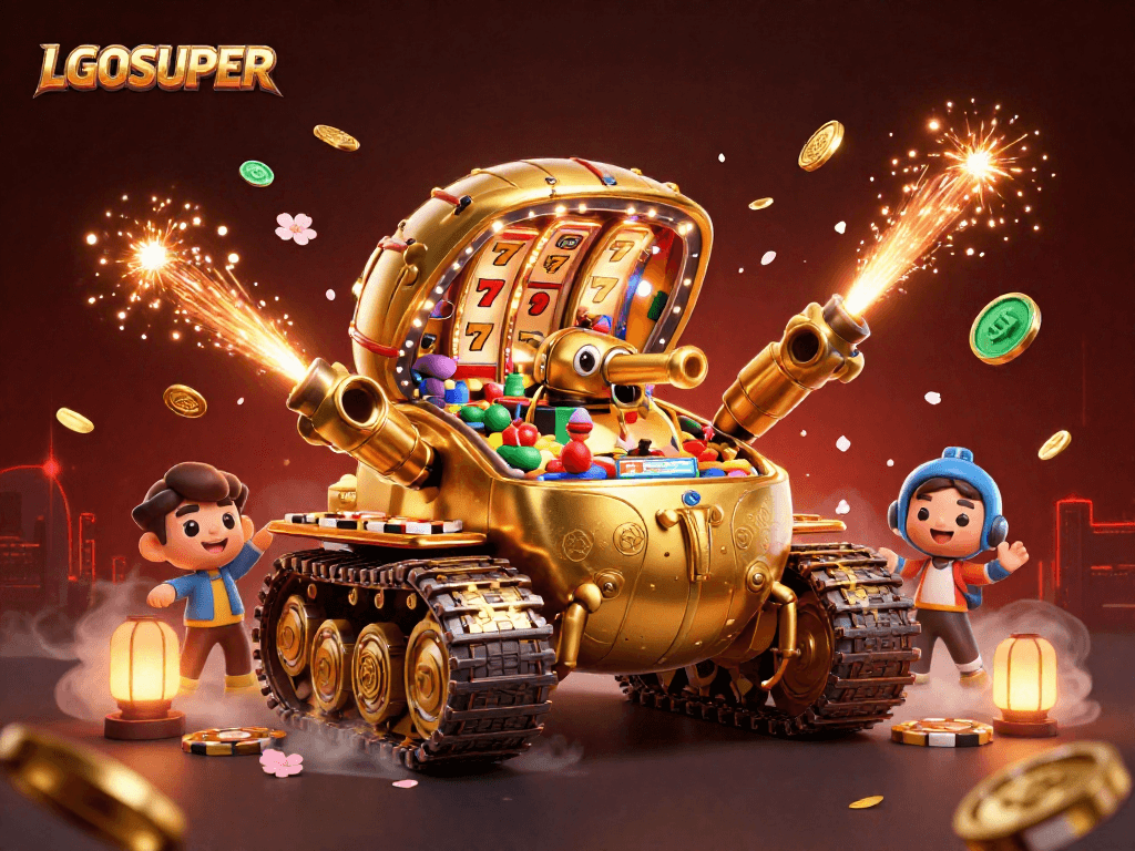 Engage with LGOSUPER's vibrant casino experience featuring a golden beetle tank, spinning slot reels, and festive elements.