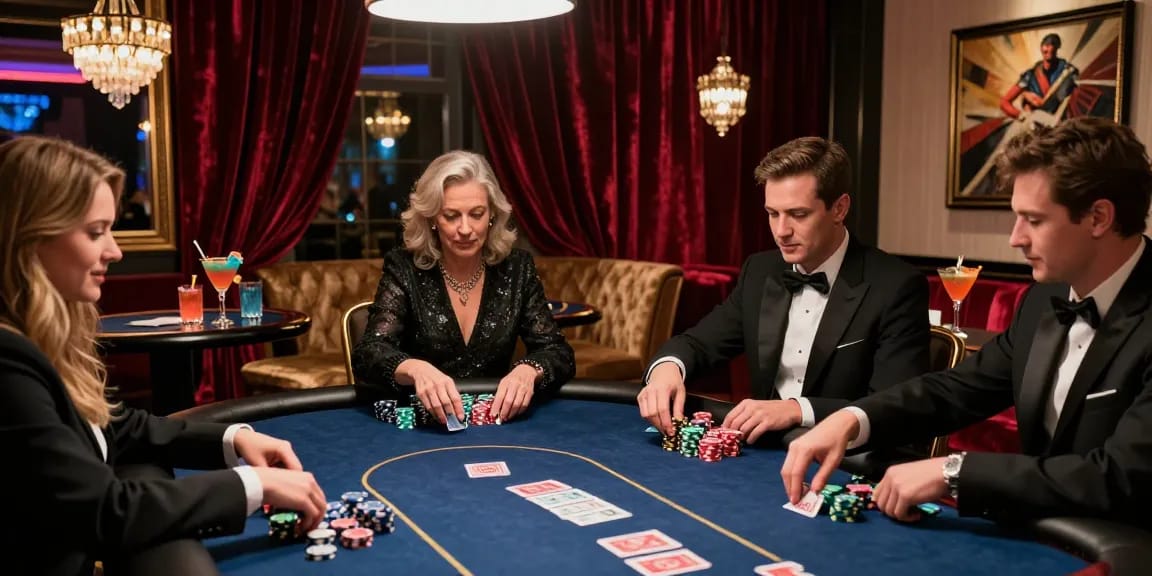 Suasana kasino mewah dengan pemain LUXURY777 yang bersemangat pada meja poker.