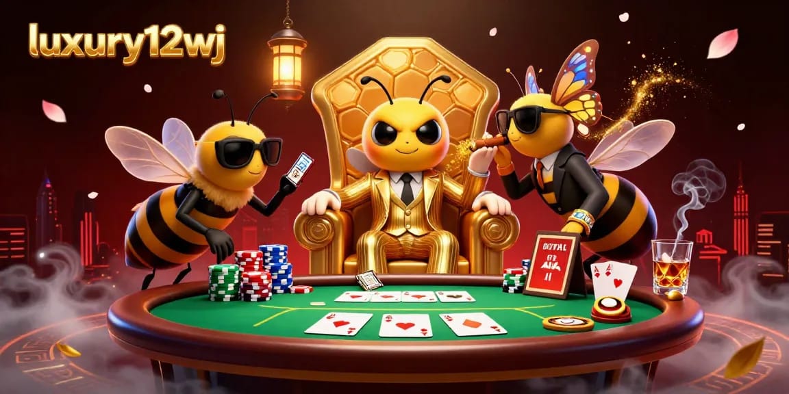 Engage with luxury12wj as a bumblebee mob boss presides over a vibrant poker scene filled with colorful chips and aces.