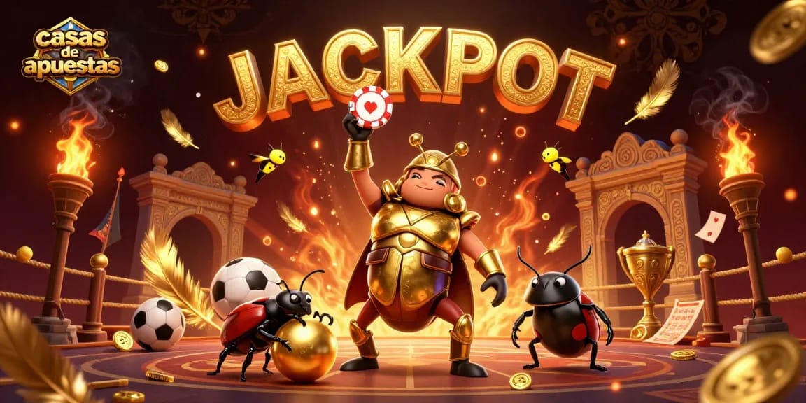 Casas de apuestas: ilustración 3D de un escarabajo gloria celebrando en un casino deportivo.