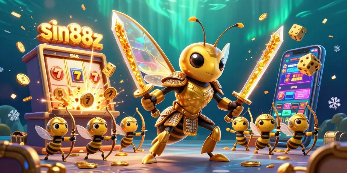 Engage with sin88z at an energetic casino scene featuring a golden hornet samurai amidst a dynamic slot machine explosion.
