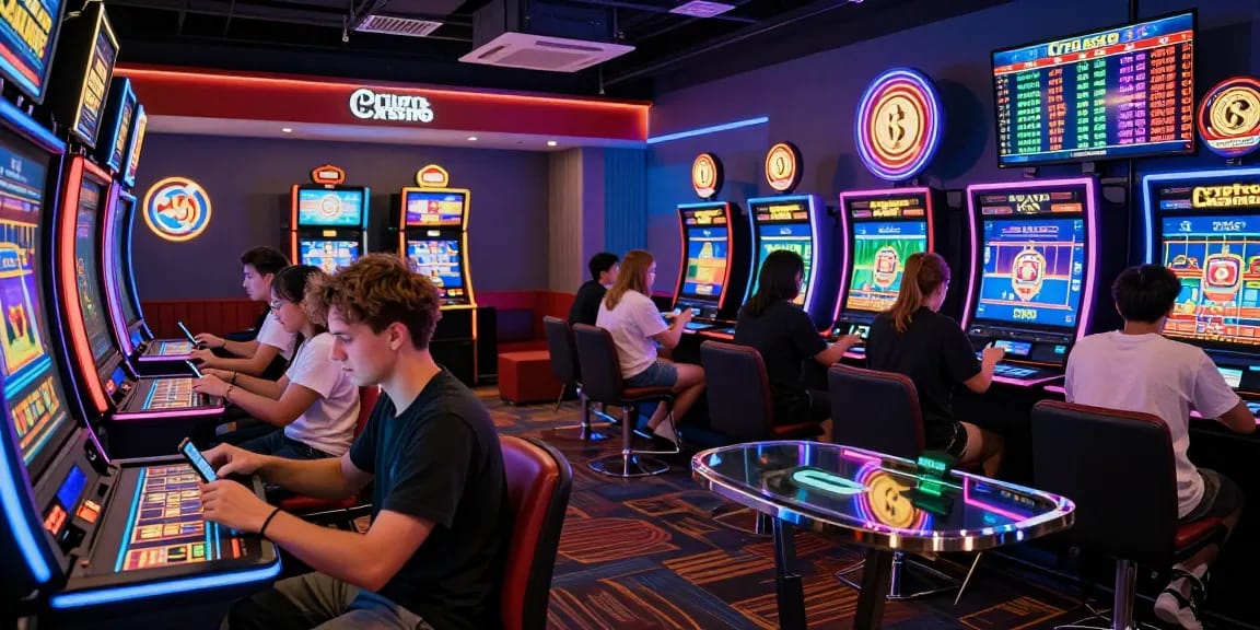 Crypto casino vibrant scene with players enjoying digital games and crypto wallet interactions