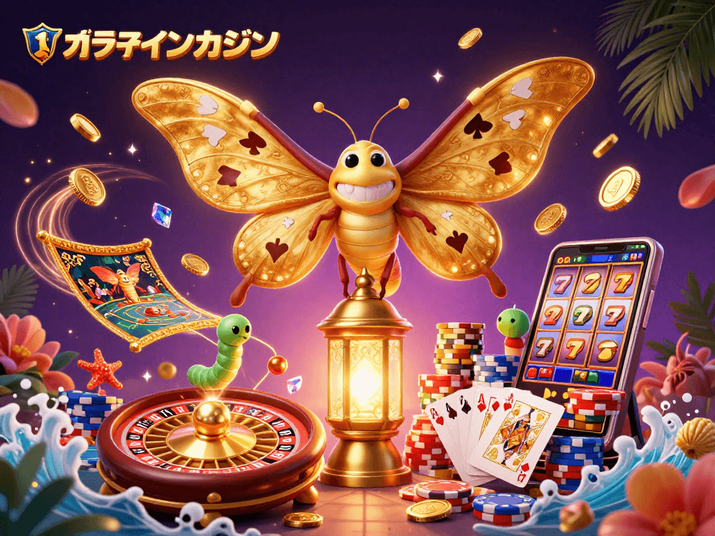 オンラインカジノで華やかなシーンを演出する金色の蝶とカジノ要素のイラスト