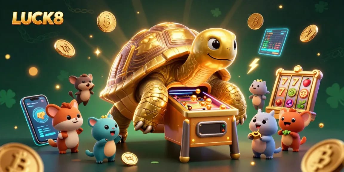 Spin and win with LUCK8's vibrant casino adventure featuring a colossal golden tortoise.
