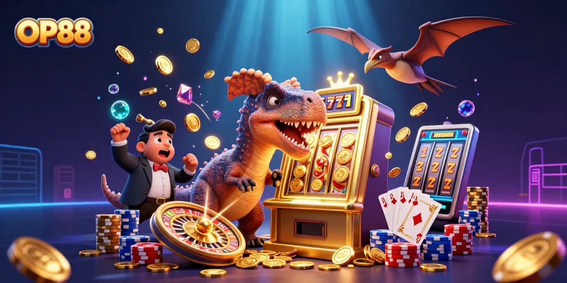 OP88 features an animated pachycephalosaurus celebrating a jackpot win with golden coins amidst a vibrant casino background.