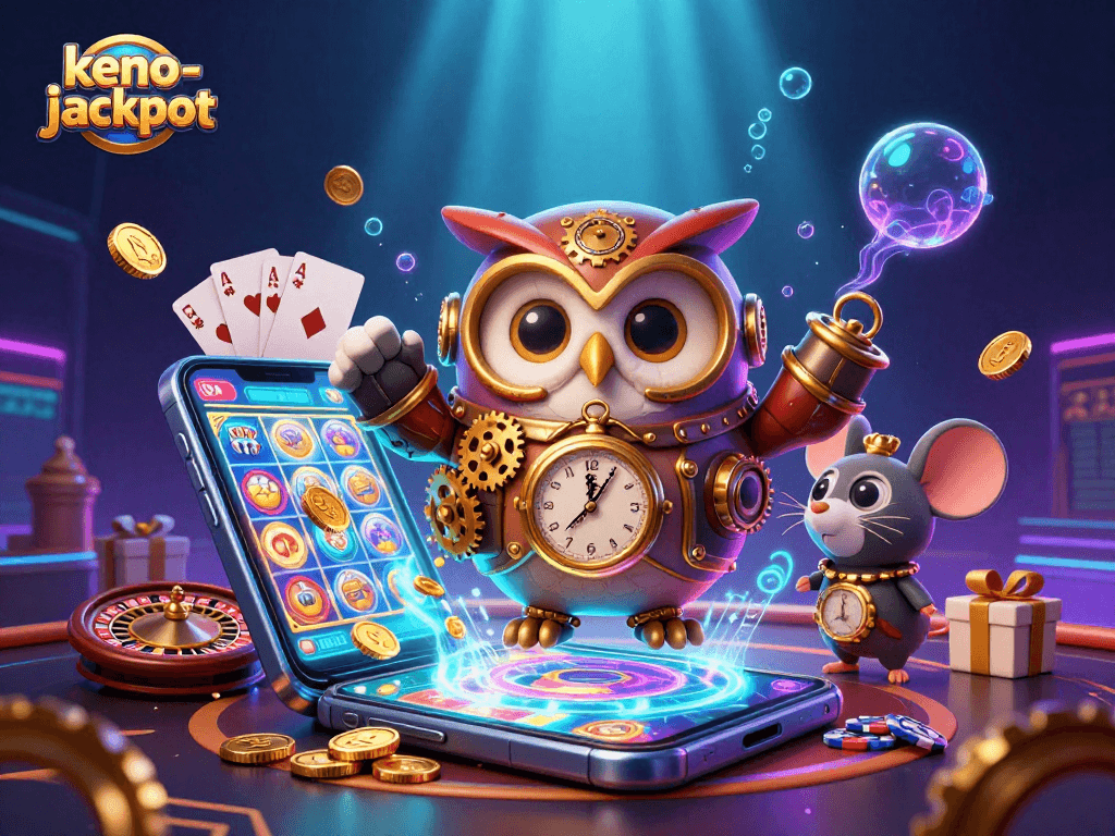 Engage with keno-jackpot as a vibrant 3D scene featuring colorful casino elements and a whimsical time-traveling owl.