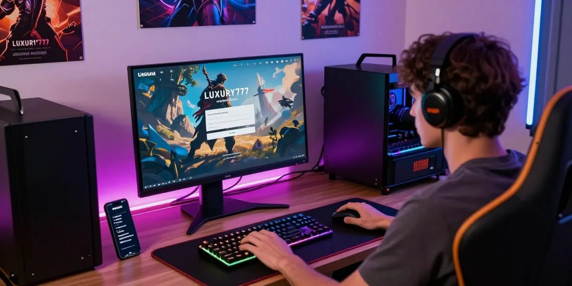 Proses LUXURY777 Login dalam suasana gaming online, pengguna fokus di meja modern.