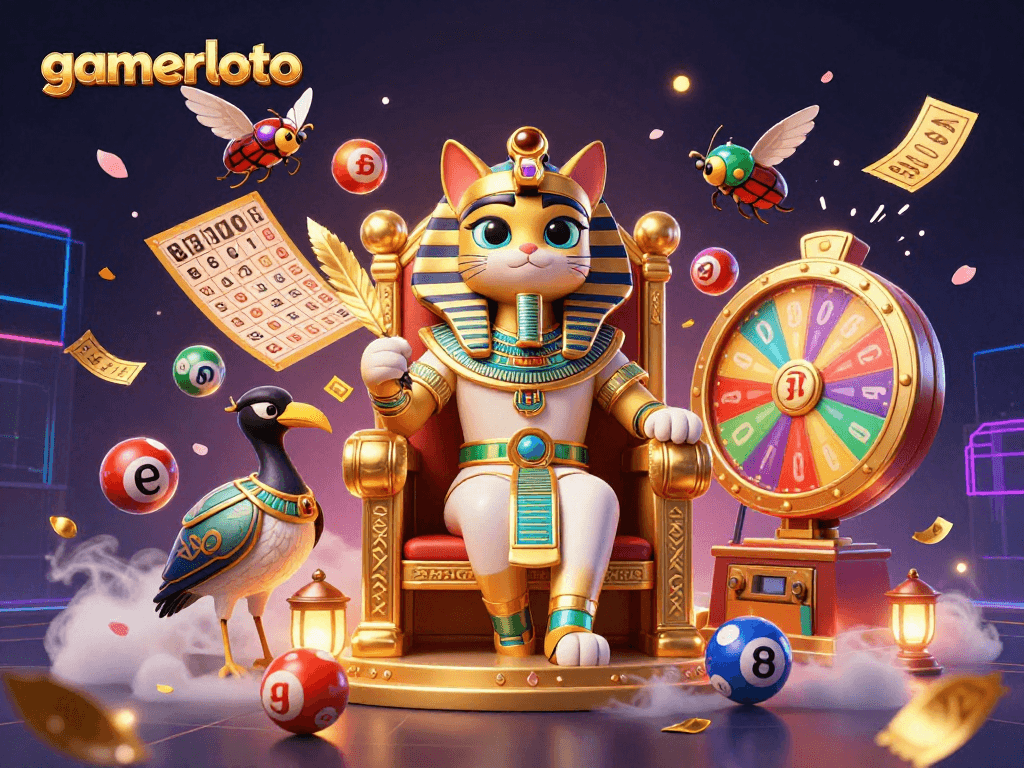 Gamerloto celebrates winning moments with a vibrant lottery scene featuring colorful lottery balls and dynamic prizes.