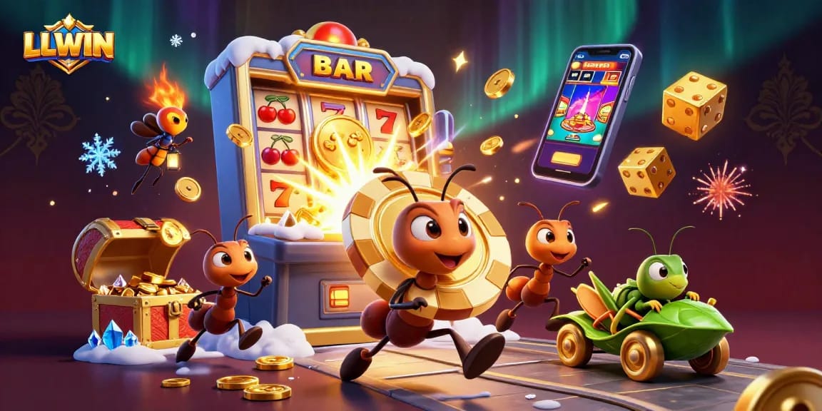 LLWIN brings excitement as ants heist a giant poker chip amidst a dynamic casino scene full of thrills.