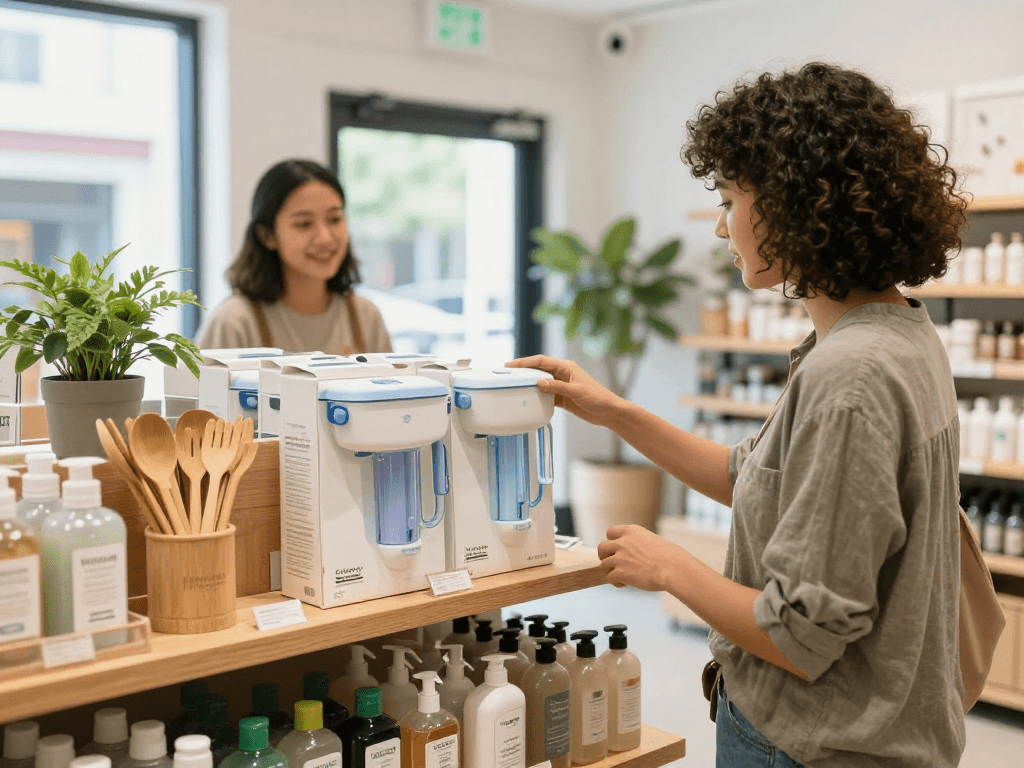 Explore eco-friendly household products at https://www.ebbfilter.com/shop in a bright retail space.