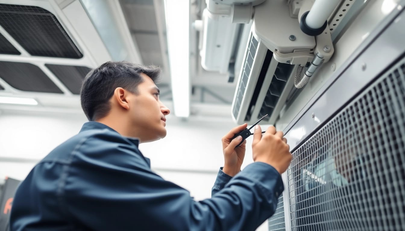 Expert technician analyzing commercial HVAC system components for performance optimization.