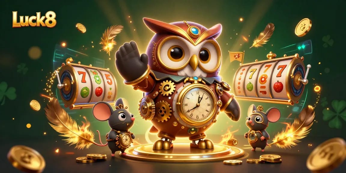 Experience thrilling Luck8 gameplay with a steampunk owl amidst vibrant casino elements.