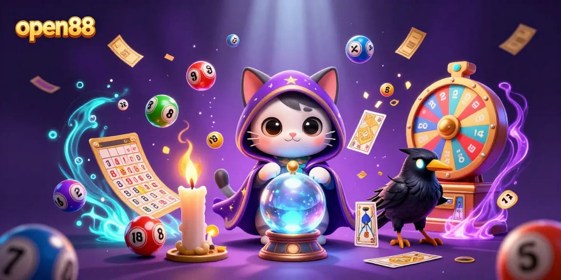 Experience exciting gameplay at open88 with a mystical cat, glowing raven, and vibrant gaming elements.