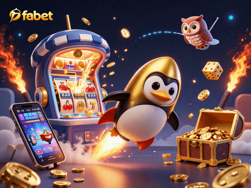 Experience the thrill of fabet with a dynamic 3D scene featuring a golden penguin, slot machine, and jackpot explosion.