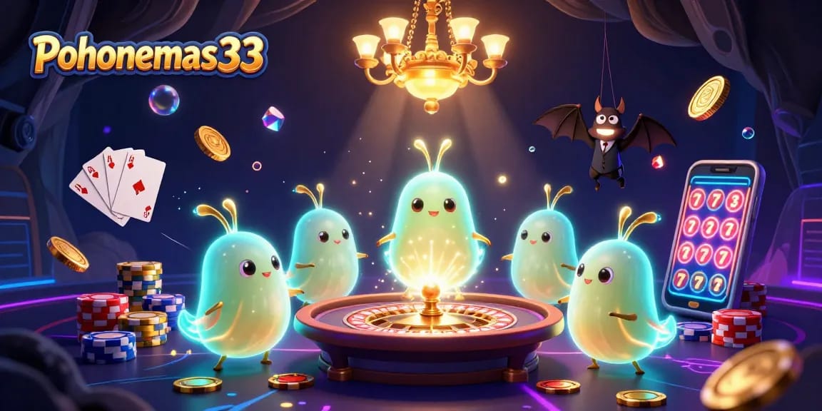Pohonemas33 casino scene showcasing a bat dealer, animated glowworms, and vibrant slots excitement.