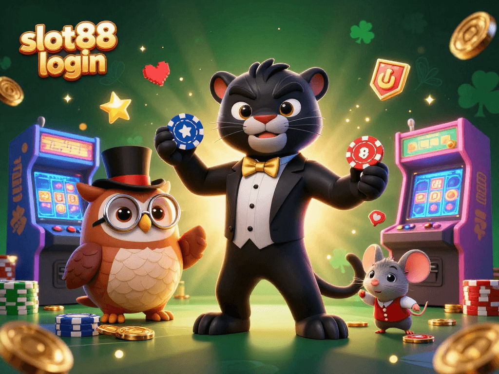Experience the excitement of slot88 login with a stylish panther and charming characters in a vibrant casino scene.