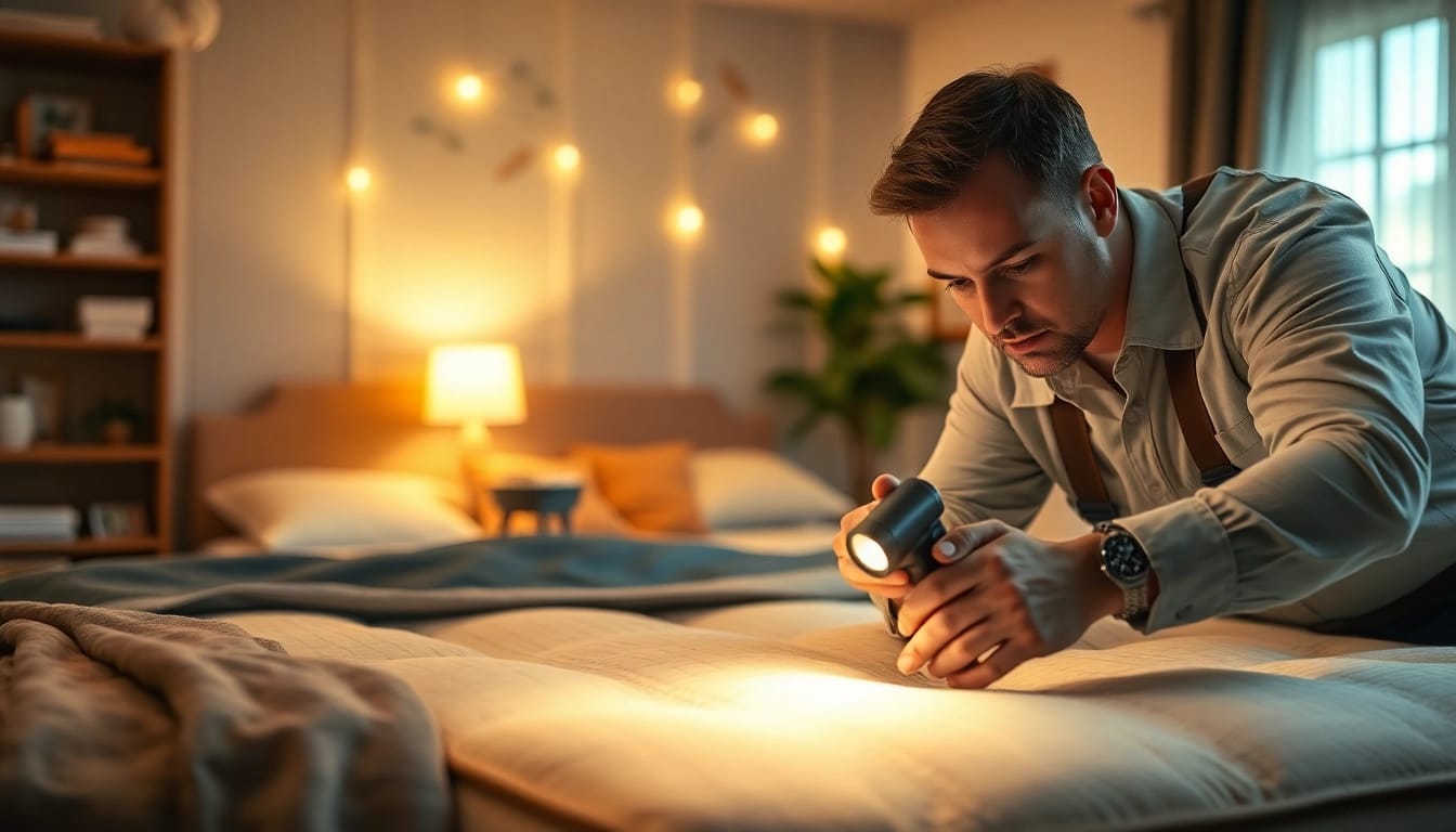 Bed bug exterminator inspecting a mattress during pest control in a cozy bedroom.