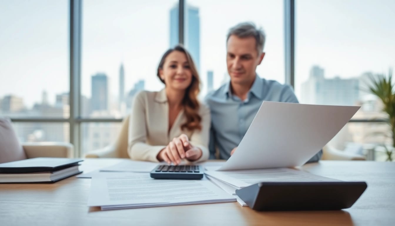 Calculate NY alimony calculator 2026 with a couple discussing financial documents in a bright office.